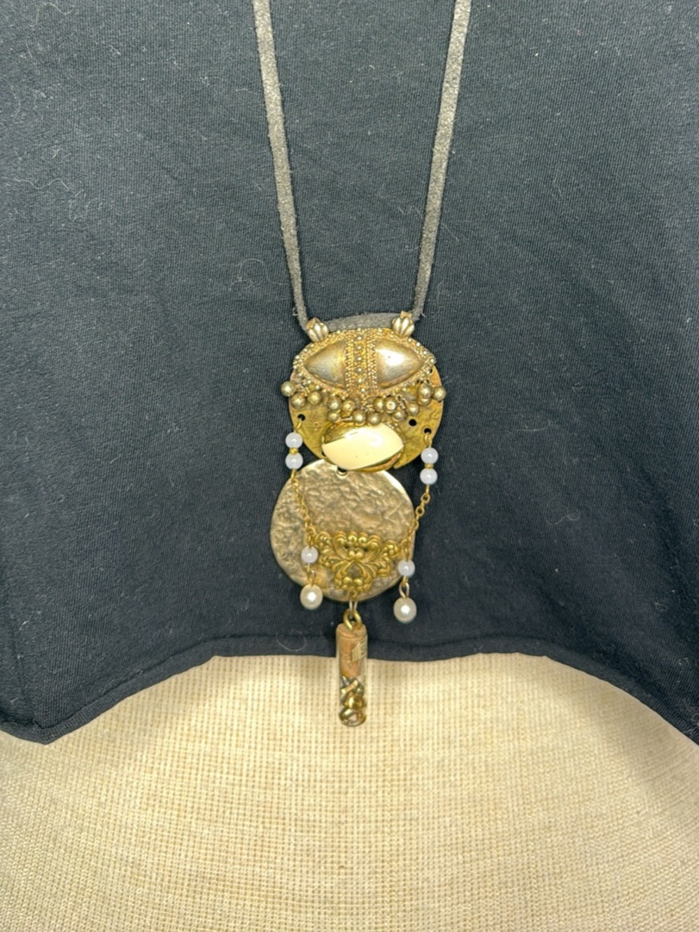 Vintage Gold-Tone Statement Pendant Necklace Upcycled Unique Handmade